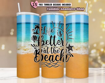 Beach Tumbler Sublimation Design, 20 oz Skinny Tumbler Wrap Sunset, summer sublimation tumbler designs, SEAMLESS - PNG Instant Download, S01