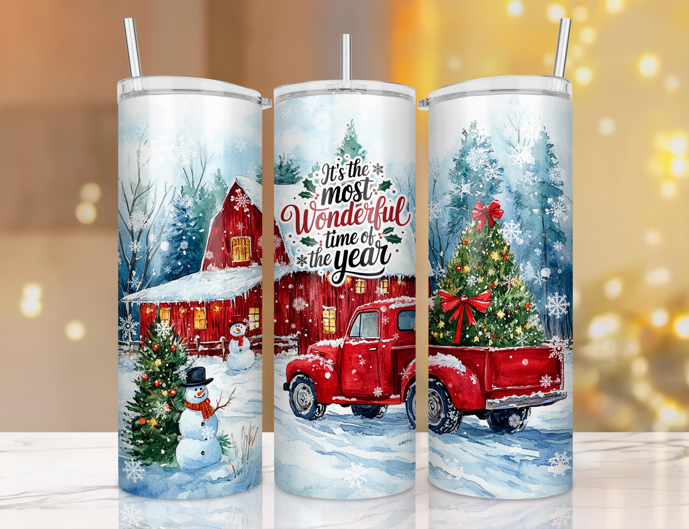 Red Truck Christmas Wrap, Falling Snow PNG, Watercolor Christmas Tumbler, 20oz Tumbler Sublimation, Winter Design, Digital Download