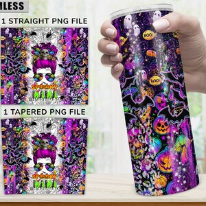 May include: A seamless digital design featuring a spooky theme with a purple, black, and green color scheme. The design includes bats, spiders, pumpkins, and the text "Spooky Mimi".