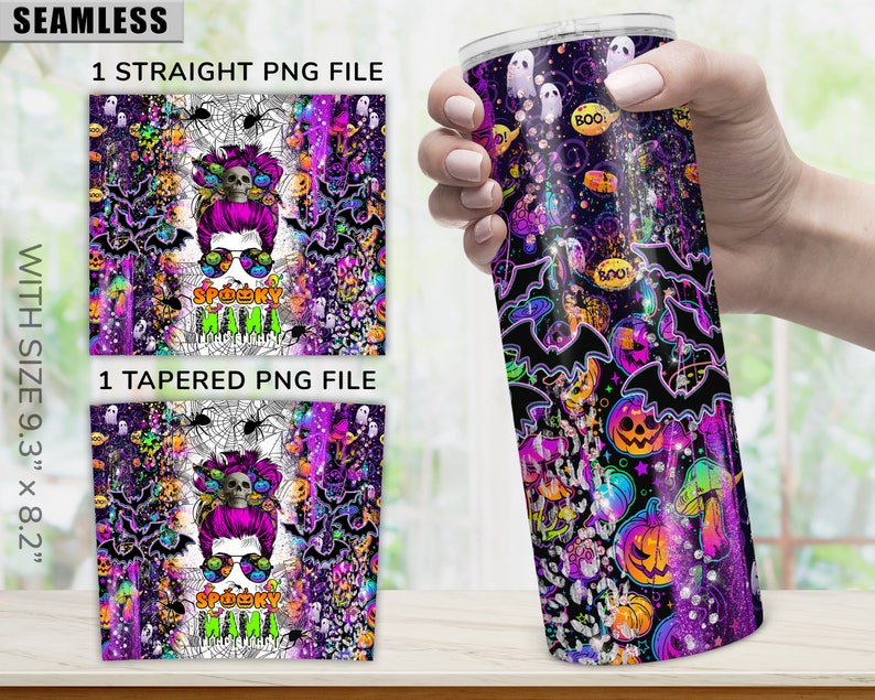 May include: A seamless digital design featuring a spooky theme with a purple, black, and green color scheme. The design includes bats, spiders, pumpkins, and the text "Spooky Mimi".