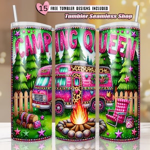 Camping Queen Tumbler Wrap, Camper Tumbler, 20oz Skinny Sublimation Tumbler Design, Camping Sublimation Design, Pink Camper Tumbler Png