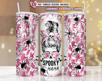 Halloween Spooky Mama PNG ⟡ Pumpkin Ghost Print Wrap ⟡ Spider Web Tumbler ⟡ Halloween Mom Png ⟡ Skinny Tumbler Sublimation ⟡ Purple Pink PNG