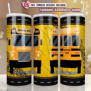 May include: A yellow school bus with black accents is printed on a black and yellow tumbler. The tumbler has a distressed look with tire tracks in the background. The text "SCHOOL BUS" is printed on the bus.