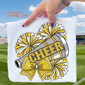 Cheer Bow Design, Yellow Glitter Cheer Pom Poms, Sublimation Design PNG, Digital Download, Cheerleading Design, High-Quality Cheer Graphics