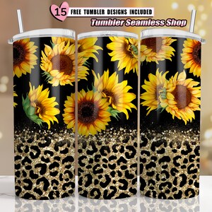 Sunflowers Tumbler Designs, Glitter, Leopard, 20 oz Skinny Tumbler Wrap, Seamless Design - Glitter Tumbler Template - PNG Digital Download