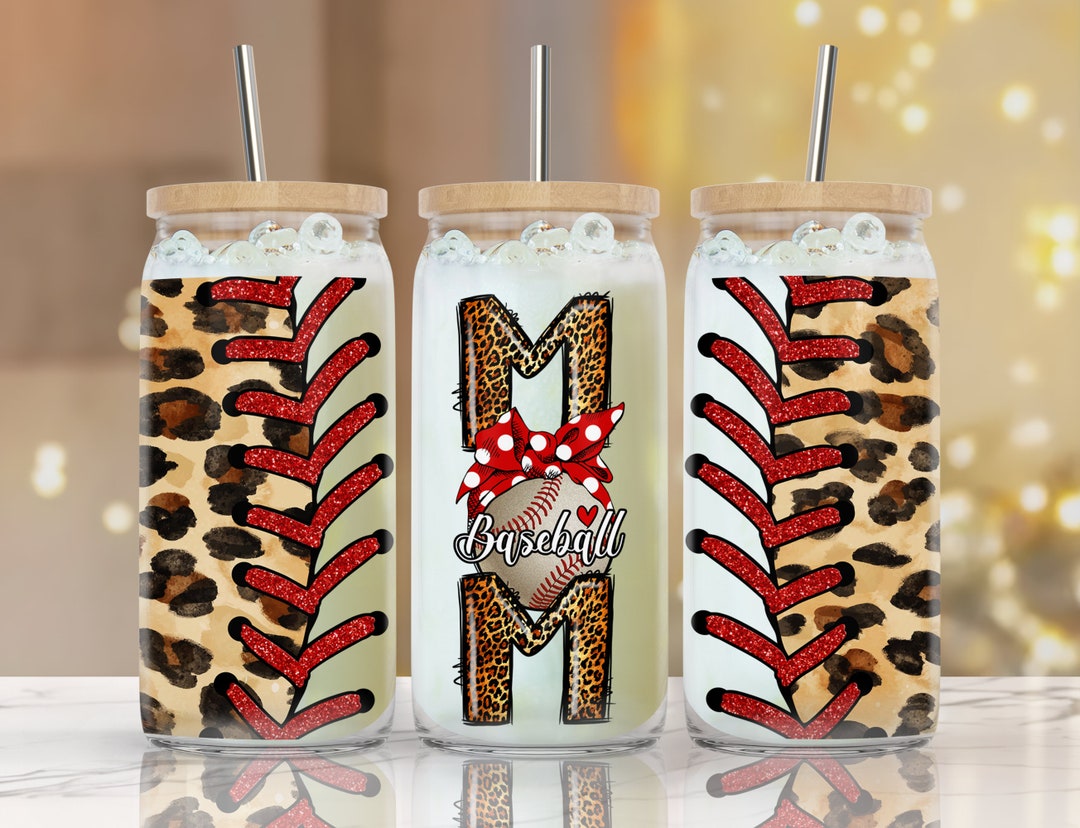 16 Oz Libbey Glass Can Tumbler, Baseball Mom Design, Glitter, Stitches ...