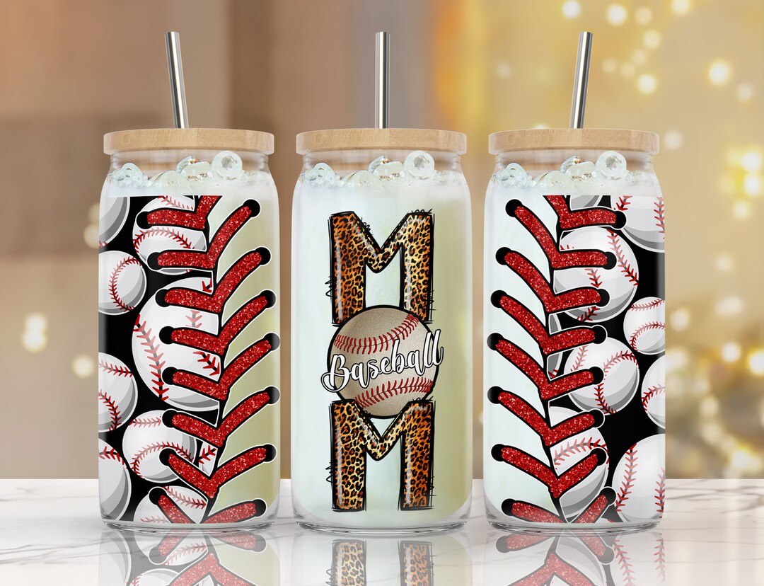 16 Oz Libbey Glass Can Tumbler, Baseball Mom Design, Leopard, Glitter ...