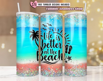 Beach Tumbler Sublimation Design, 20 oz Skinny Tumbler Wrap Sunset, Summer Sublimation Tumbler Design, SEAMLESS - PNG Instant Download,
