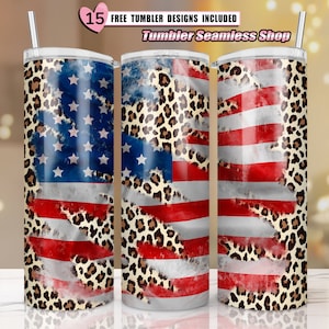 Leopard American Flag, 20 oz Skinny Tumbler Sublimation Design, Patriotic Tumbler Template, USA Flag Tumbler Design - SEAMLESS, PNG Download