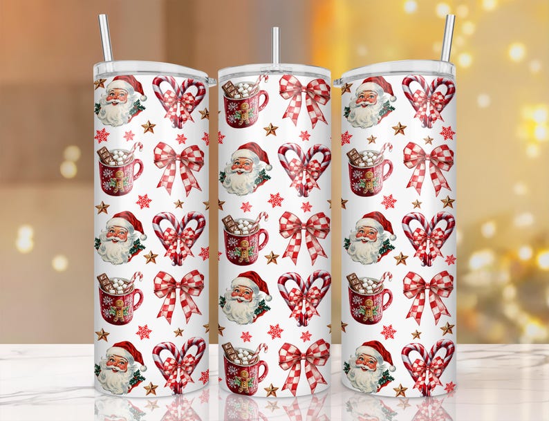 Vintage Christmas Design, Santa Face With Holly, Candy Cane Heart Bows