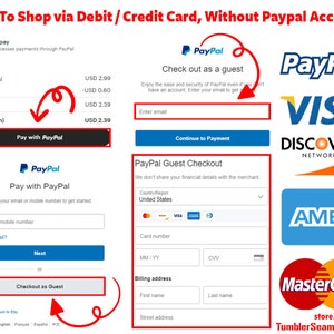 May include: A screenshot of a website showing how to shop via debit or credit card without a PayPal account. The website shows a checkout process with options to pay with PayPal or check out as a guest. The guest checkout option allows users to enter their credit card information directly. The website also displays logos for various credit card companies, including Visa, Discover, Amex, and Mastercard.