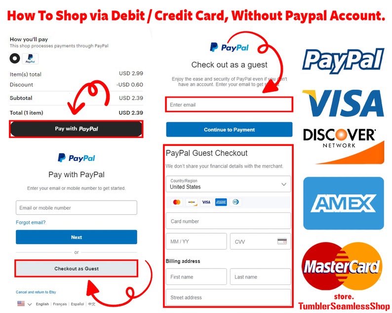 May include: A screenshot of a website showing how to shop via debit or credit card without a PayPal account. The website shows a checkout process with options to pay with PayPal or check out as a guest. The guest checkout option allows users to enter their credit card information directly. The website also displays logos for various credit card companies, including Visa, Discover, Amex, and Mastercard.