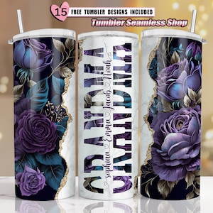 Grandma Mother&#39;s Day Tumbler Wrap PNG Add Kids Names Blue Rose Floral Tumbler, Sublimation Designs Downloads 20oz skinny tumbler designs Png