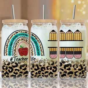 16oz Libbey Glass Can Tumbler Seamless, Rainbow Leopard Glitter Teacher Pencil Monogram Teacher Life, your text tumbler glass can 16 oz wrap