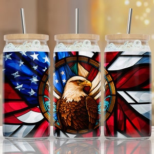 16 oz Libbey Glass Can Tumbler, american flag eagle, Tumbler Design Glass Sublimation Wrap, red white blue, usa flag, Tumbler, 16 oz wrap
