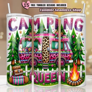 Camping Queen Tumbler Wrap, Camper Tumbler, 20oz Skinny Sublimation Tumbler Design, Camping Sublimation Design, Pink Camper Tumbler Png, C01