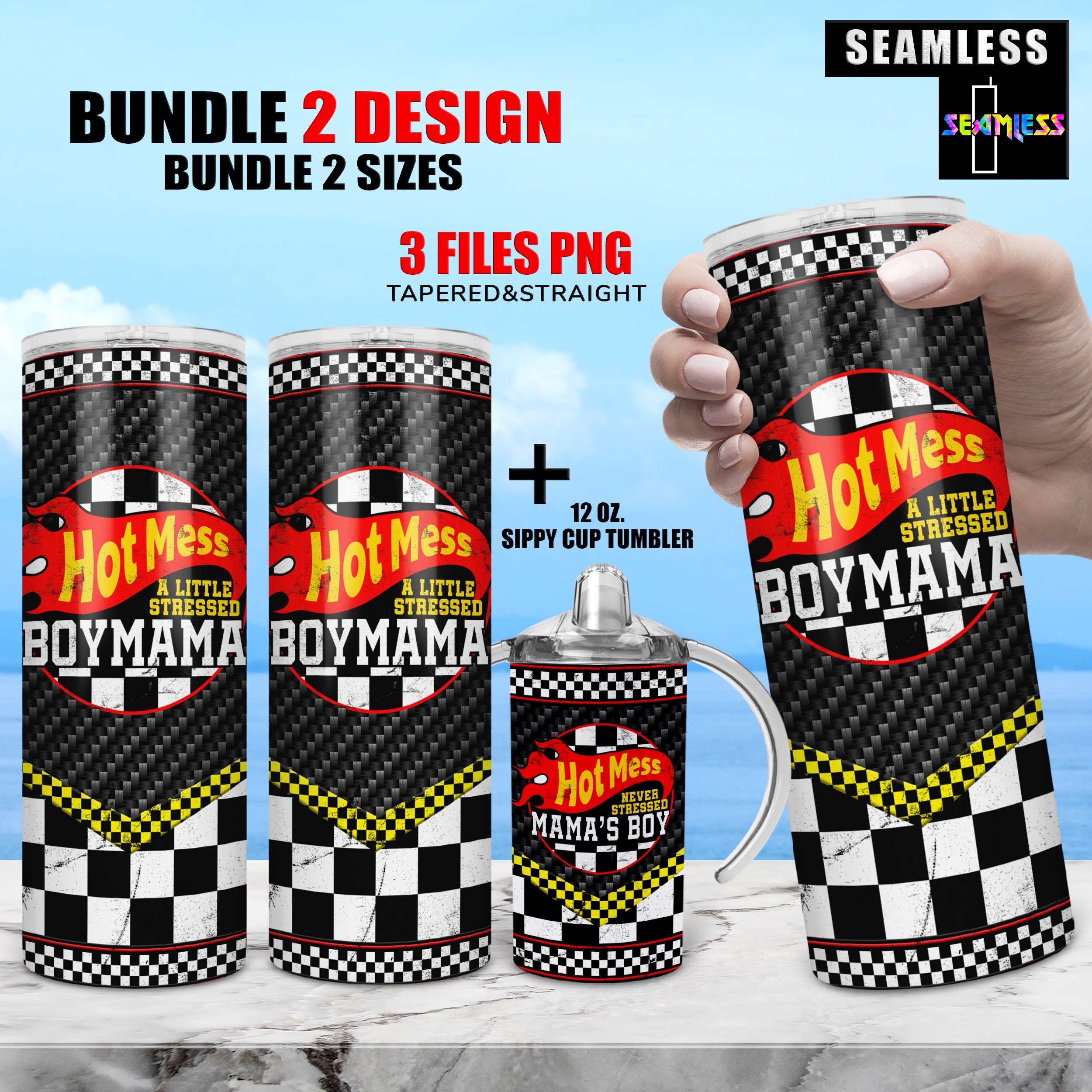 HOT MESS BOYMAMA, race mama's boy tumbler png wrap set | Sublimation Digital Download Kids Water Bottle 12oz skinny straight 20oz tumbler