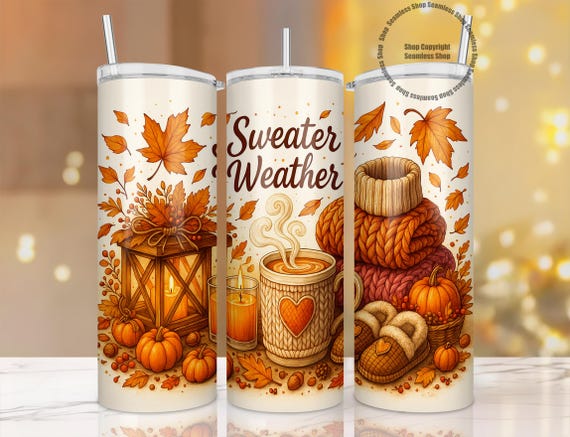 Fall Sweater Weather Tumbler PNG, Cozy Coffee Sublimation Design, Autumn Pumpkin 20oz Skinny Tumbler Wrap, Fall Leaves Sublimation PNG