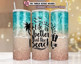 Beach Tumbler Sublimation Design, 20 oz Skinny Tumbler Wrap Sunset, summer sublimation tumbler designs, SEAMLESS - PNG Instant Download,