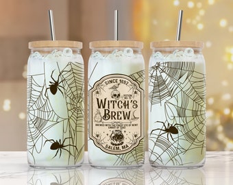 16 oz Libbey Glass Can Tumbler ⟡ Vintage Halloween Boho Witch Label PNG ⟡ Sublimation Designs ⟡ Coffee can glass png ⟡ beer can glass png