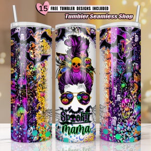 Halloween Spooky Mama PNG, Pumpkin Ghost Print Wrap, Spider Web Tumbler, Halloween Mom Png, 20oz Skinny Tumbler Sublimation, Purple Pink PNG