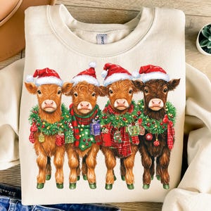 Highland Cow Christmas Sublimation, Farm Animal Santa Hat Design, Cute Christmas Cows, Digital Download PNG for T-Shirts, Sublimation Gifts