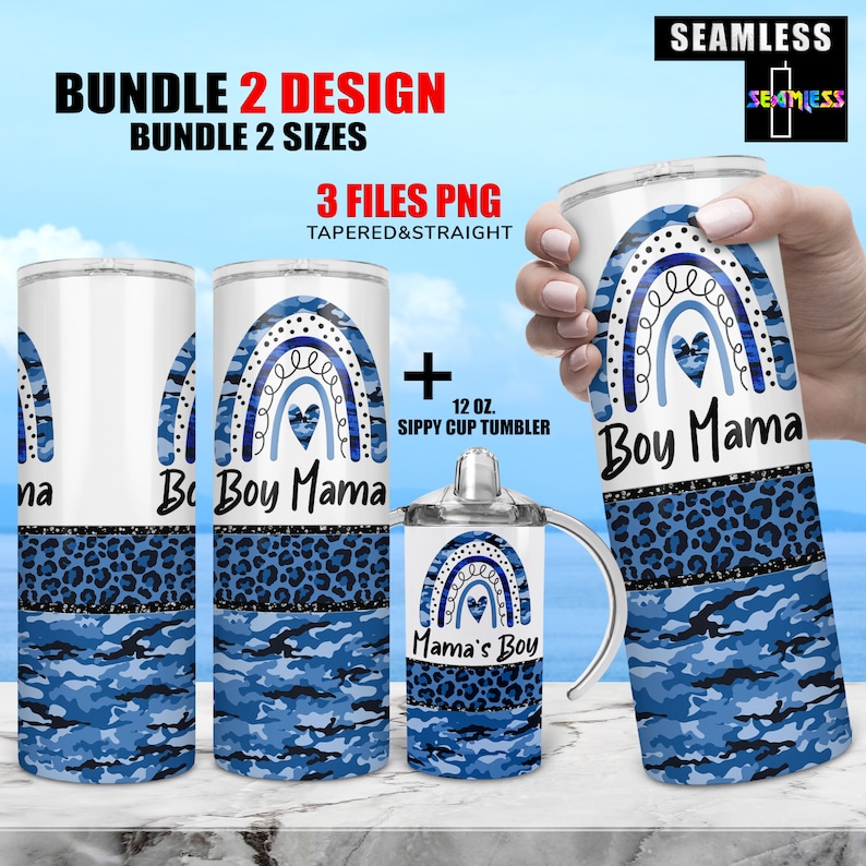 May include: Three sublimation designs for tumblers featuring a blue and white rainbow with a heart in the center. The designs include the text "Boy Mama" and "Mama's Boy".