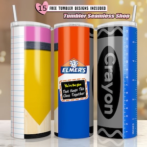 pencil, crayon, glue, ruler, Tumbler Design, elmer&#39;s glue tumbler, 20 oz Skinny Tumbler Wrap - Designs, ELMERS GLUE, Png Instant Download