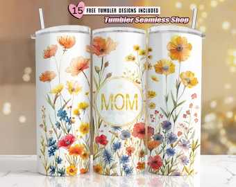Mom Tumbler Wrap, Mother's Day 20 oz Skinny Tumbler Sublimation Design, Best Mom Ever Tumbler Wrap, Best Mom PNG, Digital Download, flower05