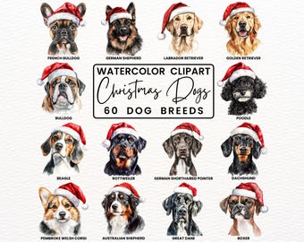 Dog Breeds Christmas PNG, Watercolor Santa Hat Dogs, Sublimation Dog Portraits, 60 Breeds Bundle, Digital Download, Commercial Use