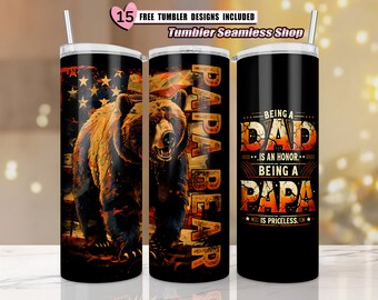 Papa Bear Tumbler, Best Dad Ever Png, American Flag Dad, 20oz