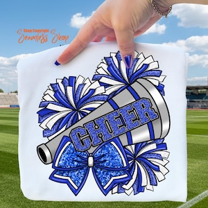 Png de sublimation d'acclamation, conception de noeud d'encouragement de paillettes bleues, porte-voix avec pompons, téléchargement numérique de pom-pom girl, sublimation pour t-shirts
