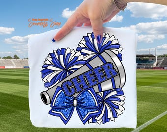 Cheer Sublimation Png, Blue Glitter Cheer Bow Design, Megaphone With Pom Poms, Cheerleader Digital Download, Sublimation For T-Shirts