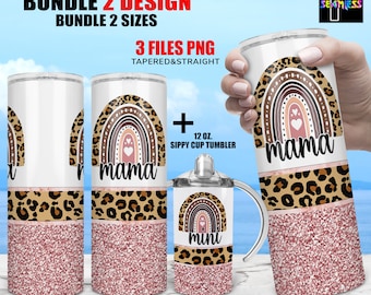 Mama mini leopard Boho Rainbow tumbler png wrap set | Sublimation Digital Download Kids Water Bottle 12oz skinny straight 20oz tumbler