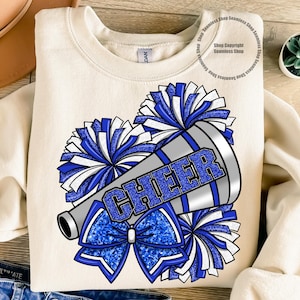 Cheer Sublimation Png, Blue Glitter Cheer Bow Design, Megaphone With Pom Poms, Cheerleader Digital Download, Sublimation For T-Shirts