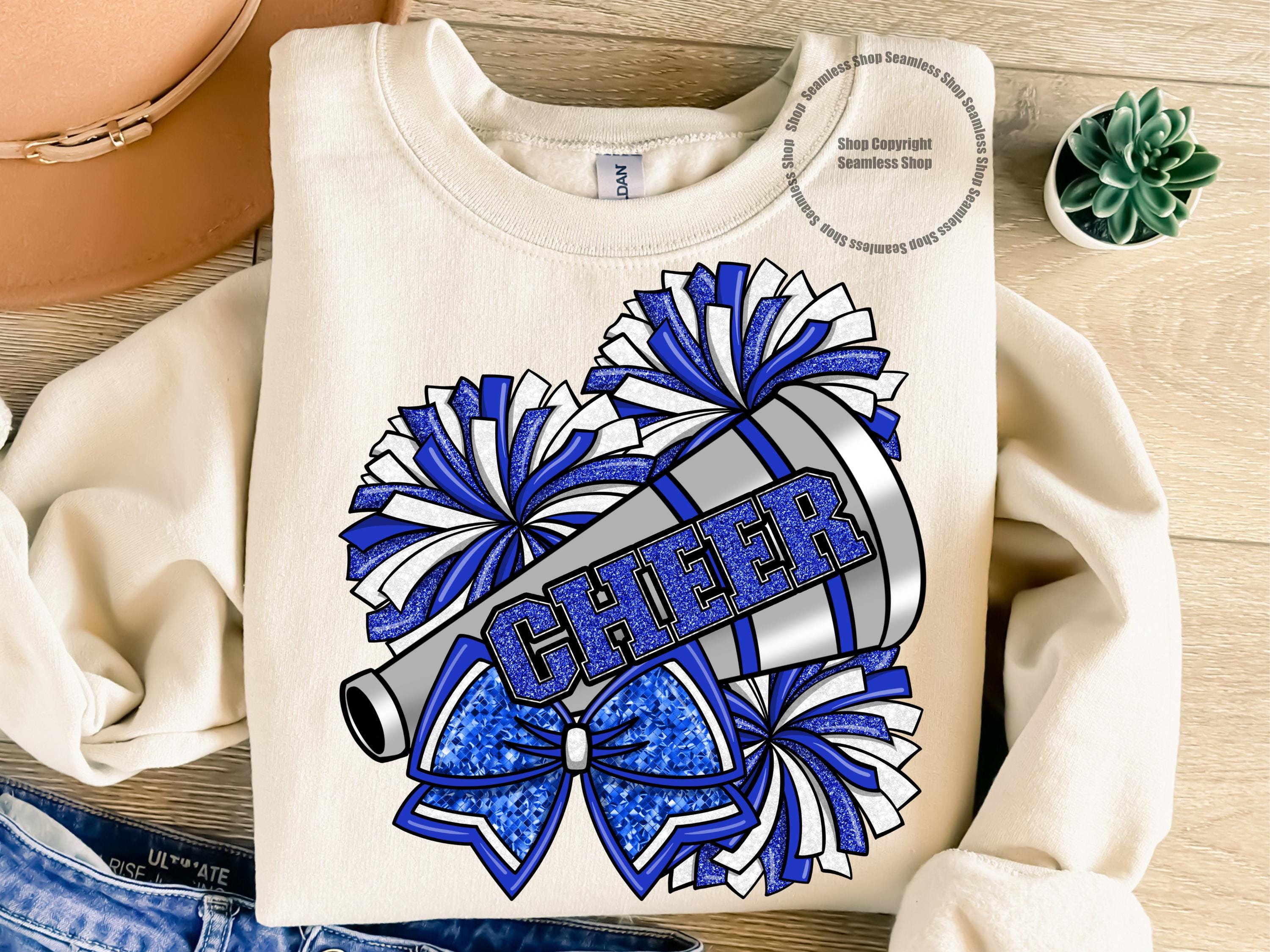 Cheer Sublimation Png, Blue Glitter Cheer Bow Design, Megaphone With Pom Poms, Cheerleader Digital Download, Sublimation For T-Shirts