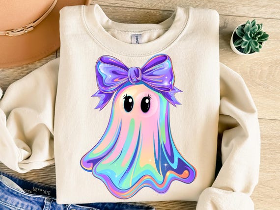Iridescent ghost design, rainbow ghost PNG, sublimation download, pastel ghost with bow, cute spooky ghost, Halloween PNG, digital download