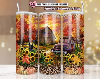 Sublimación de vaso flaco de 20 oz, plantilla de diseño de granja de truco o trato de Halloween de camión de otoño de calabaza, diseño 2022, descarga digital PNG