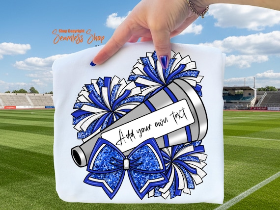 Blue Glitter Cheer Bow PNG, Cheerleader Megaphone, Pom Pom Sublimation, Custom Text Digital Download