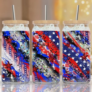 16 oz Libbey Glass Can Tumbler, Fourth Of July Tumbler, Sublimation Design, Red, White, Blue, Glitter, America, USA, Flag, 16 oz wrap PNG