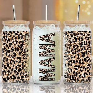 16 oz Libbey Glass Can Tumbler Mama Glitter Leopard, Mum life Sublimation Design Love mama Tumbler Wrap, Waterslide glass can 16 oz
