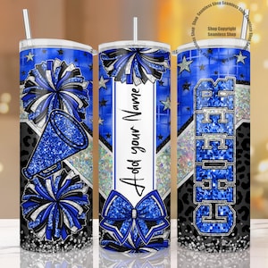 20oz skinny tumbler PNG, cheer theme, Blue white glitter pom pom megaphone (Digital Download)