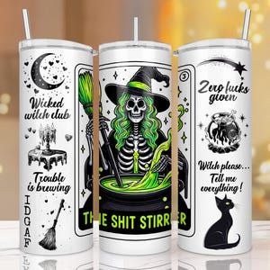 Sarcastische heks tarotkaarten beker wrap, 20oz mager, heksachtig, esthetisch, skelethorror, sublimatie png, digitaal ontwerp Halloween