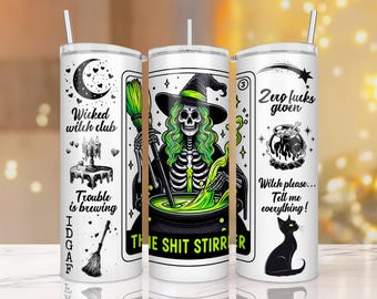 Envoltura para vaso con cartas de tarot de bruja sarcástica, 20 oz, delgada, de bruja, estética, esqueleto de terror, sublimación PNG, diseño digital de Halloween
