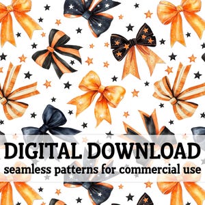 Halloween Bows Seamless Pattern, Orange and Black Ribbon Design, Festive Digital Download, Spooky Cute Halloween PNG