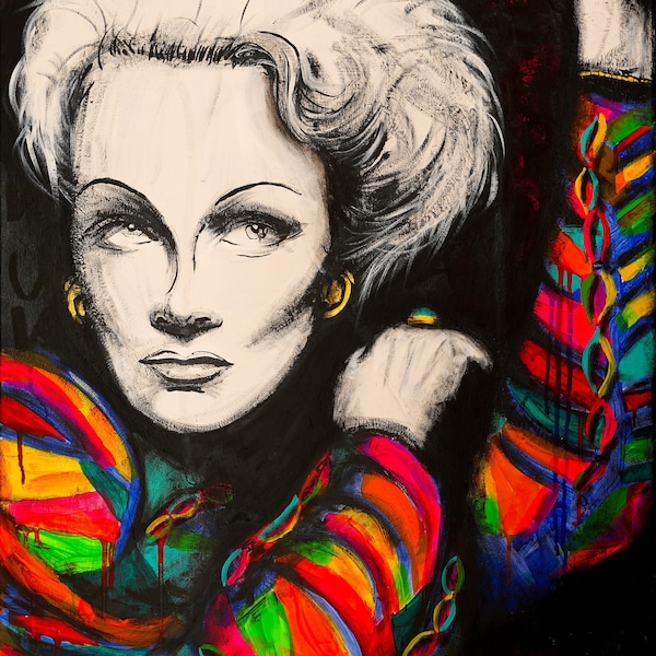 Marlene Dietrich (Acryl auf Leinwand, PopArt, Malerei, Neonfarben)