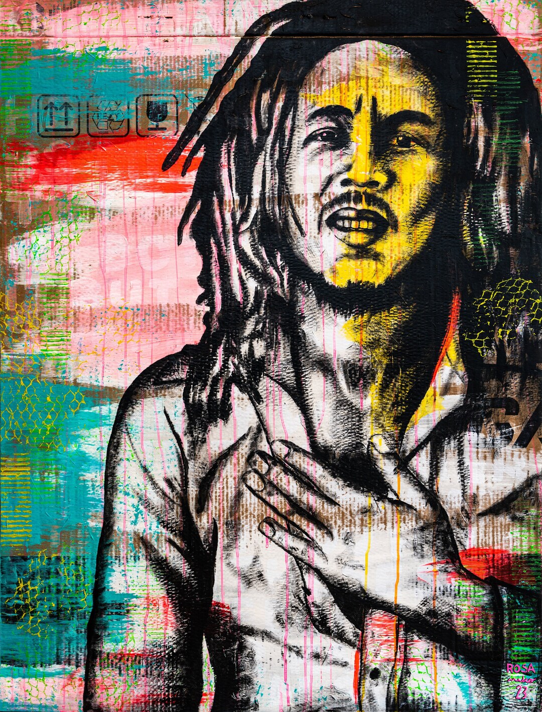 Bob Marley - (acrylic on Cardboard, Pop Art, Painting, Neon