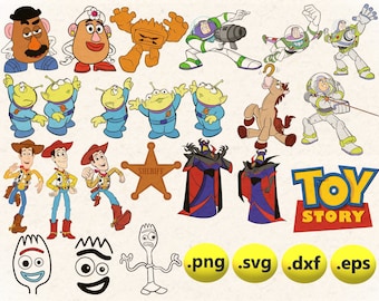 May include: A collection of Toy Story characters, including Woody, Buzz Lightyear, Mr. and Mrs. Potato Head, and the aliens. The characters are in various poses and expressions. The image also includes the Toy Story logo and the words .png, .svg, .dxf, and .eps.