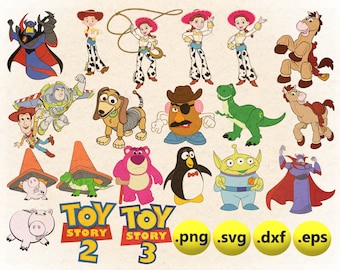 May include: A collection of Toy Story characters, including Woody, Buzz Lightyear, Jessie, Mr. Potato Head, Rex, and Slinky Dog. The characters are all in their signature poses and colors. The image also includes the text "Toy Story 2" and "Toy Story 3".