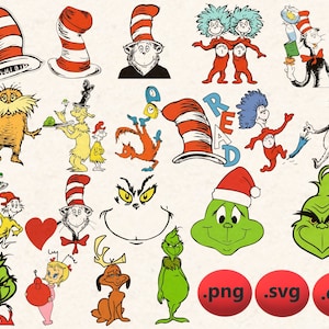 Può includere: Una collezione di illustrazioni colorate con personaggi dei popolari libri per bambini "Il Gatto con il Cappello" e "Come il Grinch ha rubato il Natale". Le illustrazioni includono il Gatto con il Cappello, Cosa 1 e Cosa 2, il Grinch e altri personaggi. Le illustrazioni sono in una varietà di pose ed espressioni, e sono tutte su uno sfondo bianco.